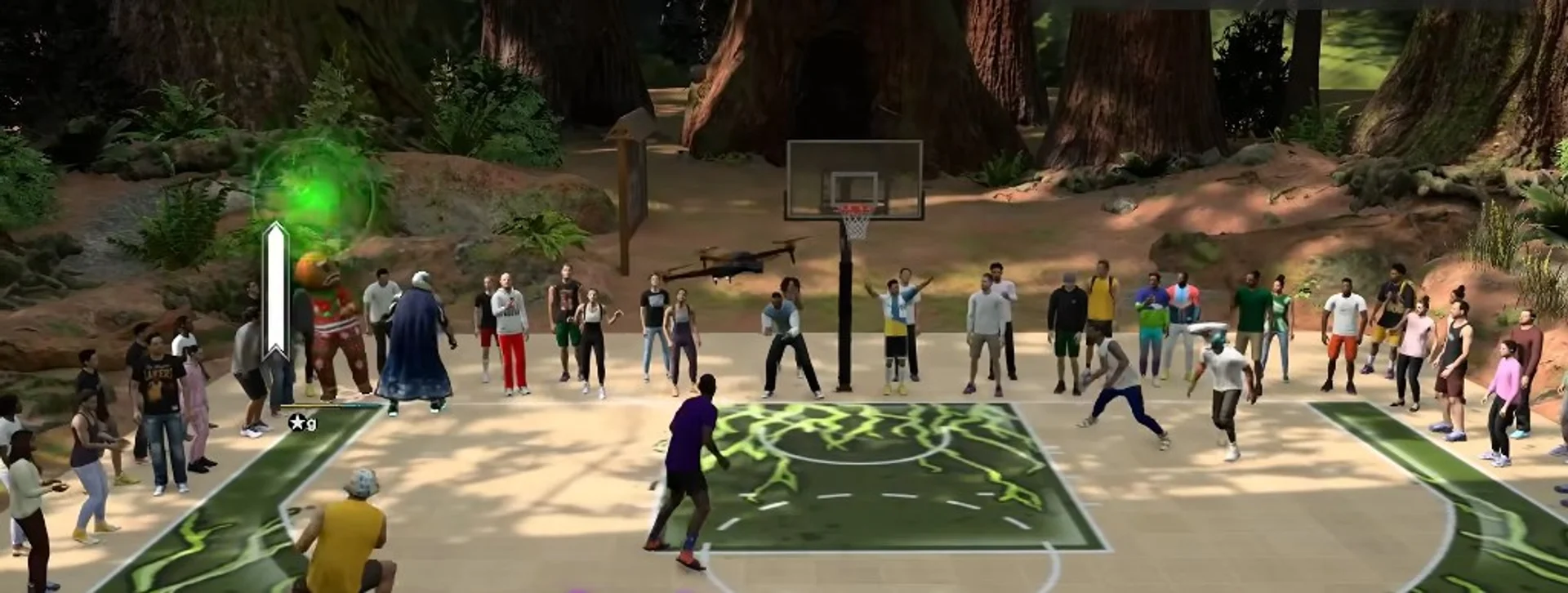 NBA 2K27 park gameplay showing shot meter and player indicators
